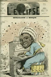 Maschinengewehr mit Musik, Karikatur von Jules Renard Draner (1833-1926), Spezialist für das Militärleben aller Nationalitäten. Titelblatt in „L
