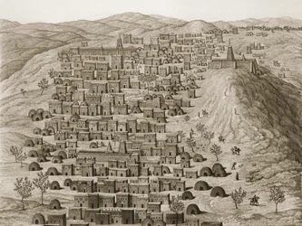 Ansicht eines Teils der Stadt Timbuktu von einem Hügel aus, Illustration aus Journal dun Voyage a Tombouctou et a Jenne, 1830