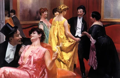 Die Präsentation. Pariser Haus zu Beginn des 20. Jahrhunderts. Illustration von Rene Lelong (1871-1933).