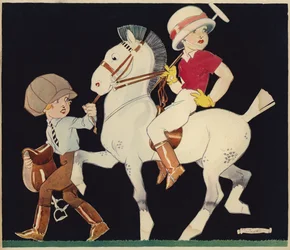 Junge auf einem Polopony, geführt von einem Stallmädchen (Farblithografie)