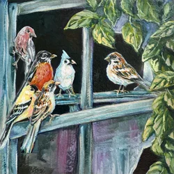 Bunte Vögel auf Fensterplatz
