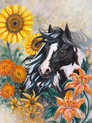 Pferd unter Sonnenblumen