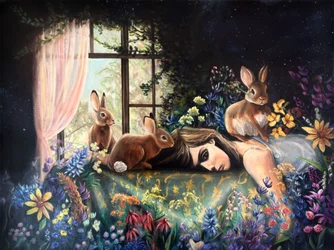 Schlafendes Mädchen mit Kaninchen