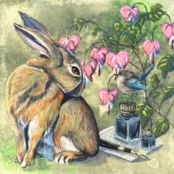 Verspieltes Kaninchen und Vogel