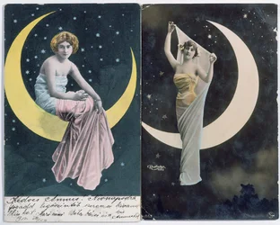 Ungarische (links) und französische (rechts) Postkarten, die eine Frau und einen Halbmond darstellen (ca. 1910)