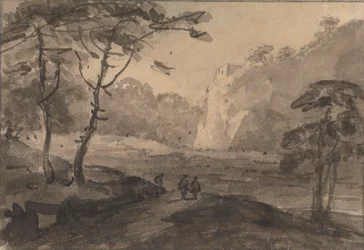 Landschaft mit drei Figuren auf einer Straße