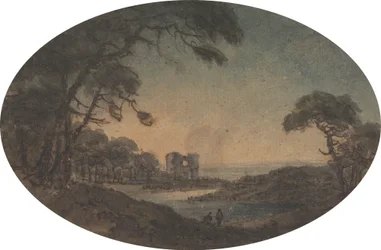 Landschaft mit zwei Männern und einer Burgruine am Flussufer