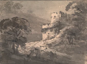 Landschaft mit einer Ruine auf der rechten Seite