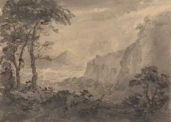 Gebirgslandschaft mit Bäumen - Hohe Felsen rechts