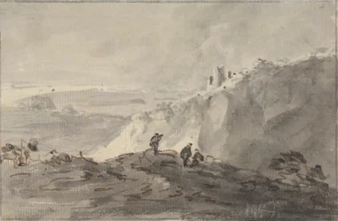 Drei Figuren in einer hügeligen Landschaft mit Ruinen, dahinter