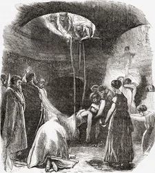 Eine frühe christliche Bestattung in den Katakomben von Rom, Italien. Aus Italienische Bilder von Rev. Samuel Manning, veröffentlicht um 1890.