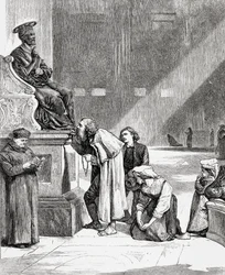 Menschen küssen die Füße der Statue des Heiligen Petrus in der Petersbasilika, Vatikanstadt, Rom im späten 19. Jahrhundert. Aus Italienische Bilder von Rev. Samuel Manning, veröffentlicht um 1890.