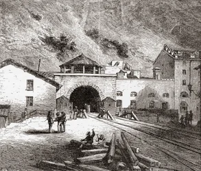 Der Fréjus-Eisenbahntunnel, auch Mont-Cenis-Tunnel genannt, Alpen, von der italienischen Seite im späten 19. Jahrhundert. Aus Italienische Bilder von Rev. Samuel Manning, veröffentlicht um 1890.