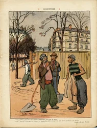 Illustration von Ricardo Flores (1878-1918) in Le Rire, 06.02.09 - Kollektivismus - Soziales, Urbane Architektur, Baum, Gebäude, Kollektivismus - Arbeiter, Erdarbeiter