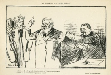 Illustration von Ricardo Flores (1878-1918) in Le Rire, 27/07/12 - Das Waterloo des Antimilitarismus - Antimilitarismus - Jaurès Jean, Hervé Gustave (1871-1944)