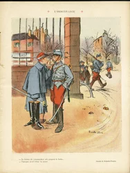 Illustration von Ricardo Flores (1878-1918) in Le Rire, 05/06/09 - Die Verordnung - Armee, Stadtarchitektur, Liebe