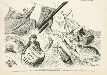 Illustration von Ricardo Flores (1878-1918) in Le Rire, 25/05/12 - Das Schiffswrack des Radikalismus - Radikalismus, Maritime Marine Küste, Rauchen, Yachting, Tabak - Combes Emile (1835-1921), Andre Louis (1838-1913), Pelletan Camille (1846-1915) - Grafisc