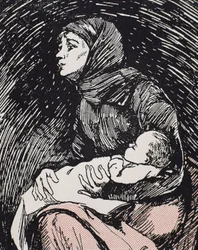 Heiligabend. 1900. Eine magere Frau mit ihrem Kind im Arm (Gravur)