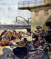 Italienische Auswanderung nach Kanada; die Reise an Bord der Lake Megantic erfolgte unter ziemlich schwierigen Bedingungen. Ill. von R. Pellegrini. La Domenica del corriere. 02/06/1901.