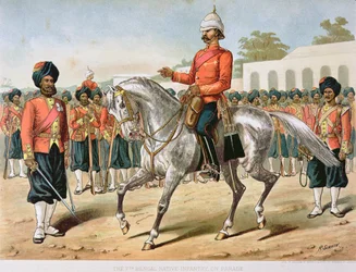Die 7. Bengalische Infanterie auf Parade, die anglo-indische Armee der 1880er Jahre (Farblithografie)