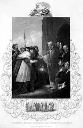 Kardinal Wolsey betritt die Abtei von Leicester, in Henry VIII von William Shakespeare, gestochen von A.H. Payne