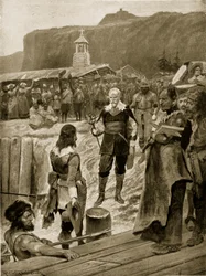 Britanniens erster Fuß in Quebec, Illustration aus „Hutchinsons Geschichte der britischen Nation“, um 1923