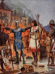 FitzStephen verbrennt seine Boote, 1169, Illustration aus „Hutchinsons Geschichte der britischen Nation“, um 1923
