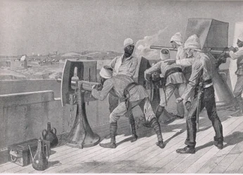 Auf dem Weg den Nil hinauf: Schießen auf die Derwische, Illustration aus Britische Schlachten zu Land und zu Wasser, 1915