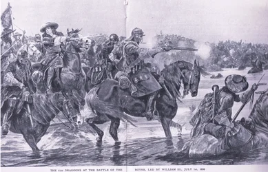Die Schlacht am Boyne, 1. Juli 1690, Illustration aus British Battles on Land and Sea, 1915