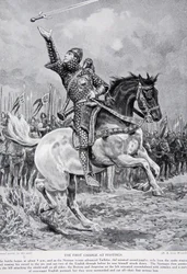 Der erste Angriff bei Hastings: Taillefer, der Schwert jonglierende Spielmann, ritt 1066 singend und sein Schwert in die Luft werfend aus den Reihen, Illustration aus „Hutchinson