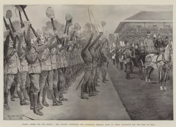 Dreifaches Hoch auf die Königin!, Ihre Majestät inspiziert die Household Brigade vor deren Abreise zum Kriegsschauplatz