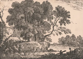 Landschaft mit Baumgruppe, umgeben von Wasser, Cottage links, Frau im Vordergrund rechts sitzend