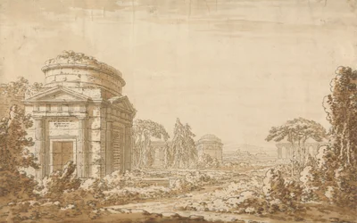 Klassische italienische Landschaft mit Tempeln und einem zerstörten Aquädukt