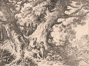 Alte Bäume mit altem Mann, Kind und Hund