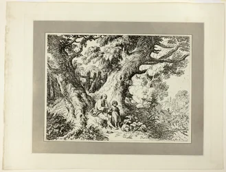 Alte Bäume mit altem Mann, einem Mädchen und einem Hund, aus der ersten Ausgabe von Specimens of Polyautography