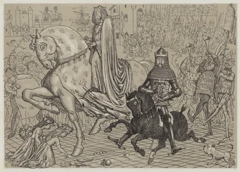 Edward der Schwarze Prinz, mit seinem Gefangenen König Johann von Frankreich, zieht in London ein (Aquatinta)