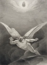 Satan springt über die Mauern des Himmels, aus einer französischen Ausgabe von 