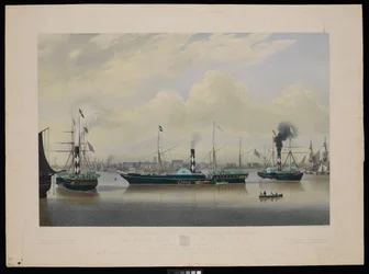 Der Humber Union Steam Packet Company diese Gravur des Dampfschiffs Wilberforce in drei Positionen mit einer Ansicht des Hafens und der Stadt Hull...