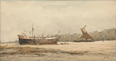Eine vertäute Bark und ein Lastkahn auf einem Fluss