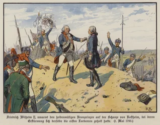 König Friedrich Wilhelm II. von Preußen umarmt seinen heldenhaften Sohn, Kronprinz Friedrich Wilhelm, auf dem Hügel von Kostheim