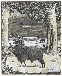 Schaf in einer Landschaft mit zwei Bäumen