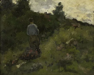 Ein Bauer, der am Rand eines Waldes entlanggeht