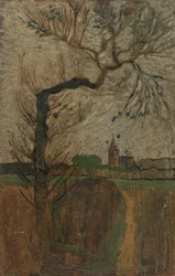 Fußweg mit Weide und einem Dorf am Horizont