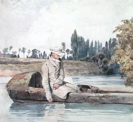 Ein Mann, der von einem Boot auf einem Fluss angelt