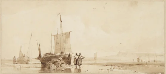Fischerboote auf dem Sand an der Küste der Normandie
