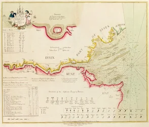 Karte des Flusses Themse von London bis zur Nore, Margate und den Downs, Nord-, Mittel- und Südkanäle, aus einer Vermessung von 1789 und 90