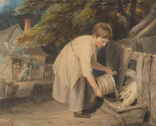 Mädchen füttert Schweine, 1800