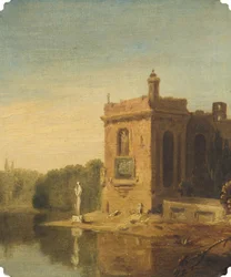 Ein See mit einem Pavillon und einer Statue, Italien