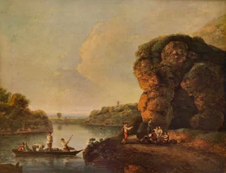 Landschaft mit Fluss und Booten