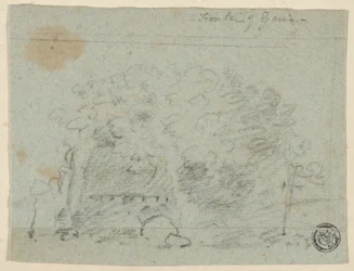 Skizze von Bäumen in der Nähe einer Brücke (recto); Skizze eines Gebäudes (verso)